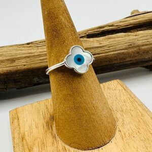 Sterling Silver Floral Evil Eye Ring in White and Blue